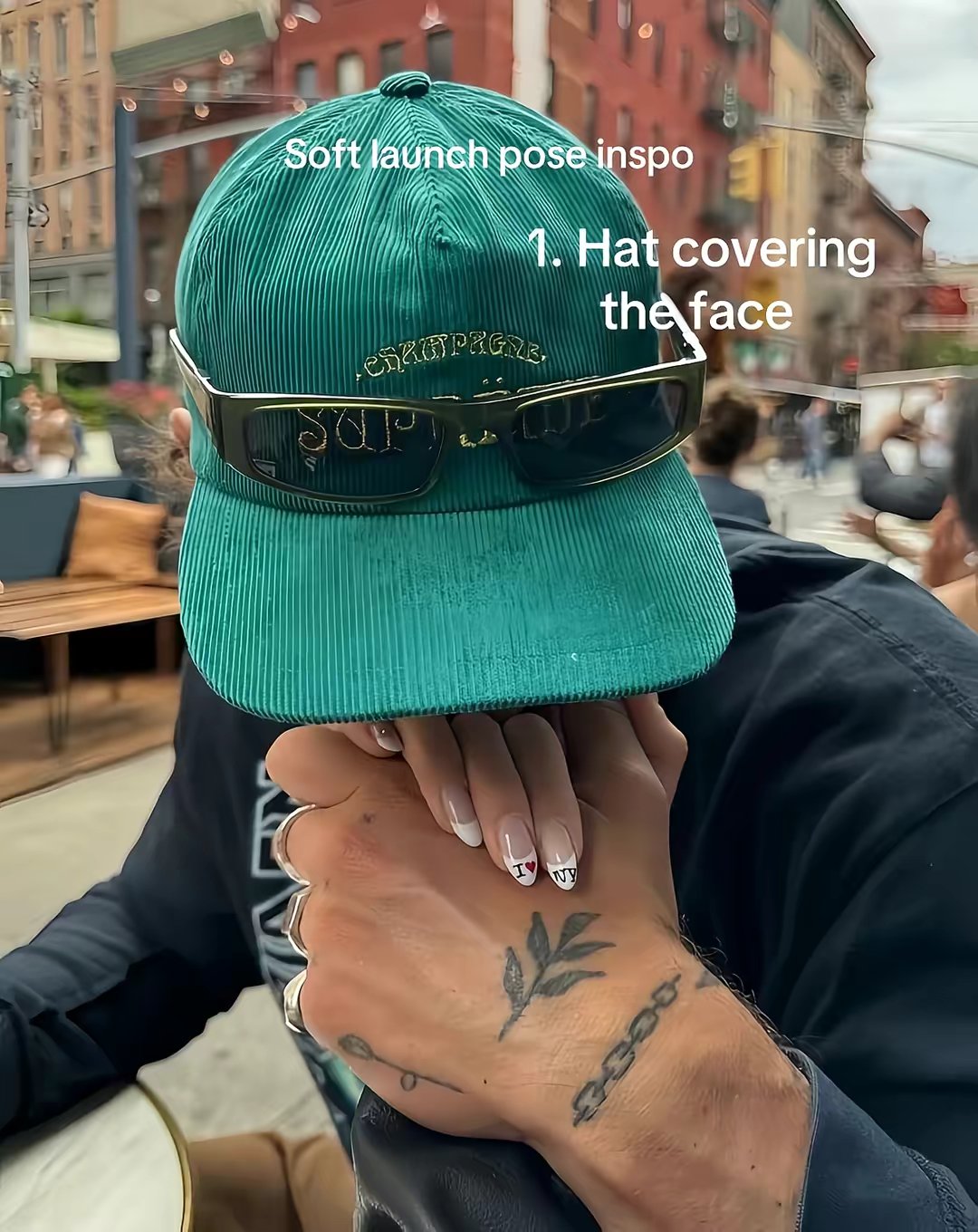 Soft launch pose inspo. 1. Hat covering the face