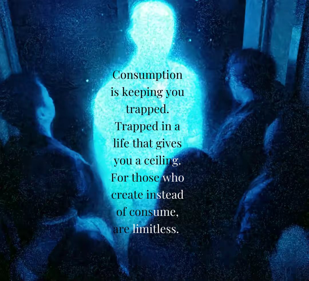 Consumption
is keeping you
trapped.
Trapped in a
life that gives
you a ceiling.
For those who
create instead
of consume,
are limitless.